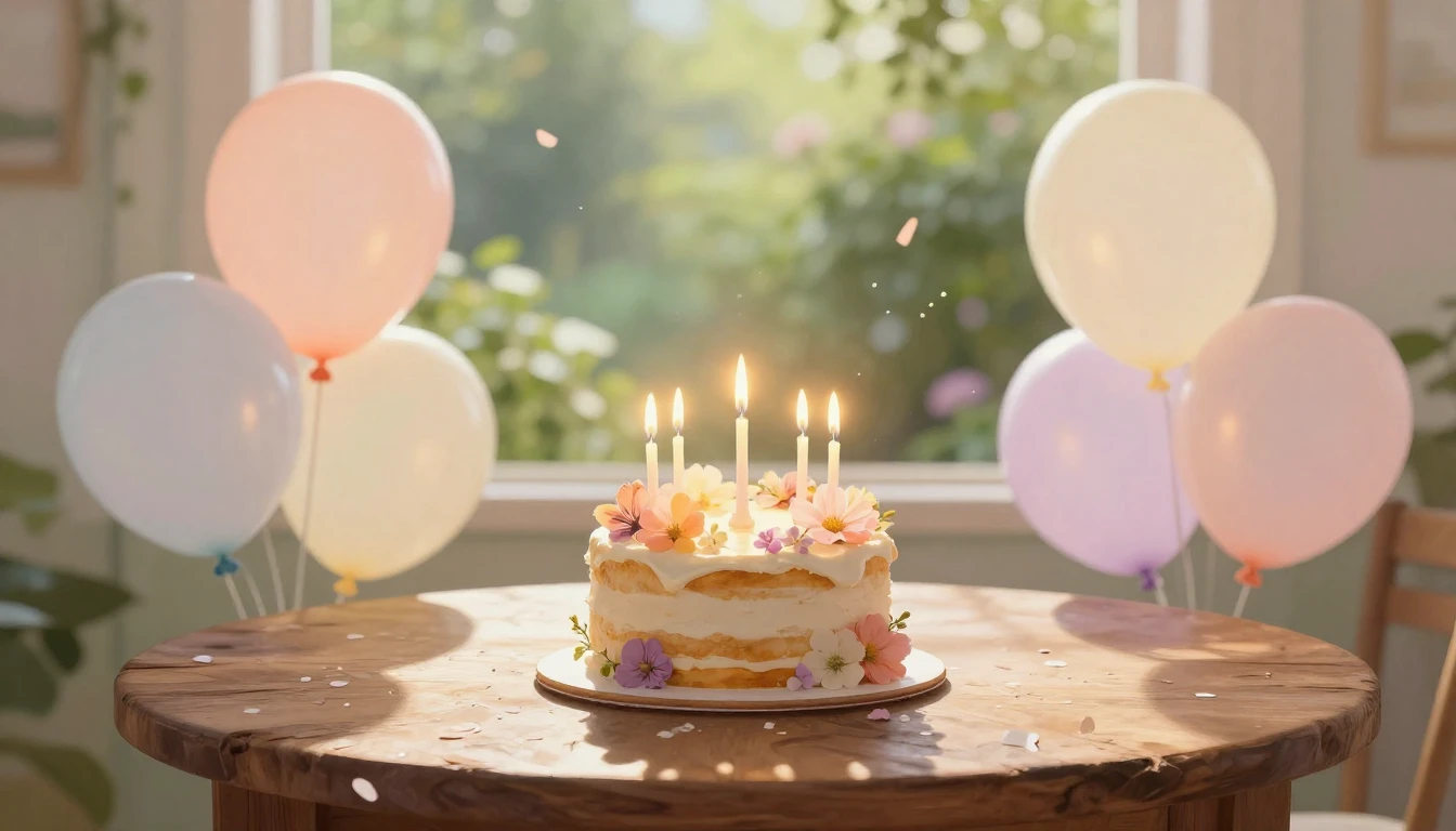 A festive and cozy birthday scene. A beautifully decorated c...