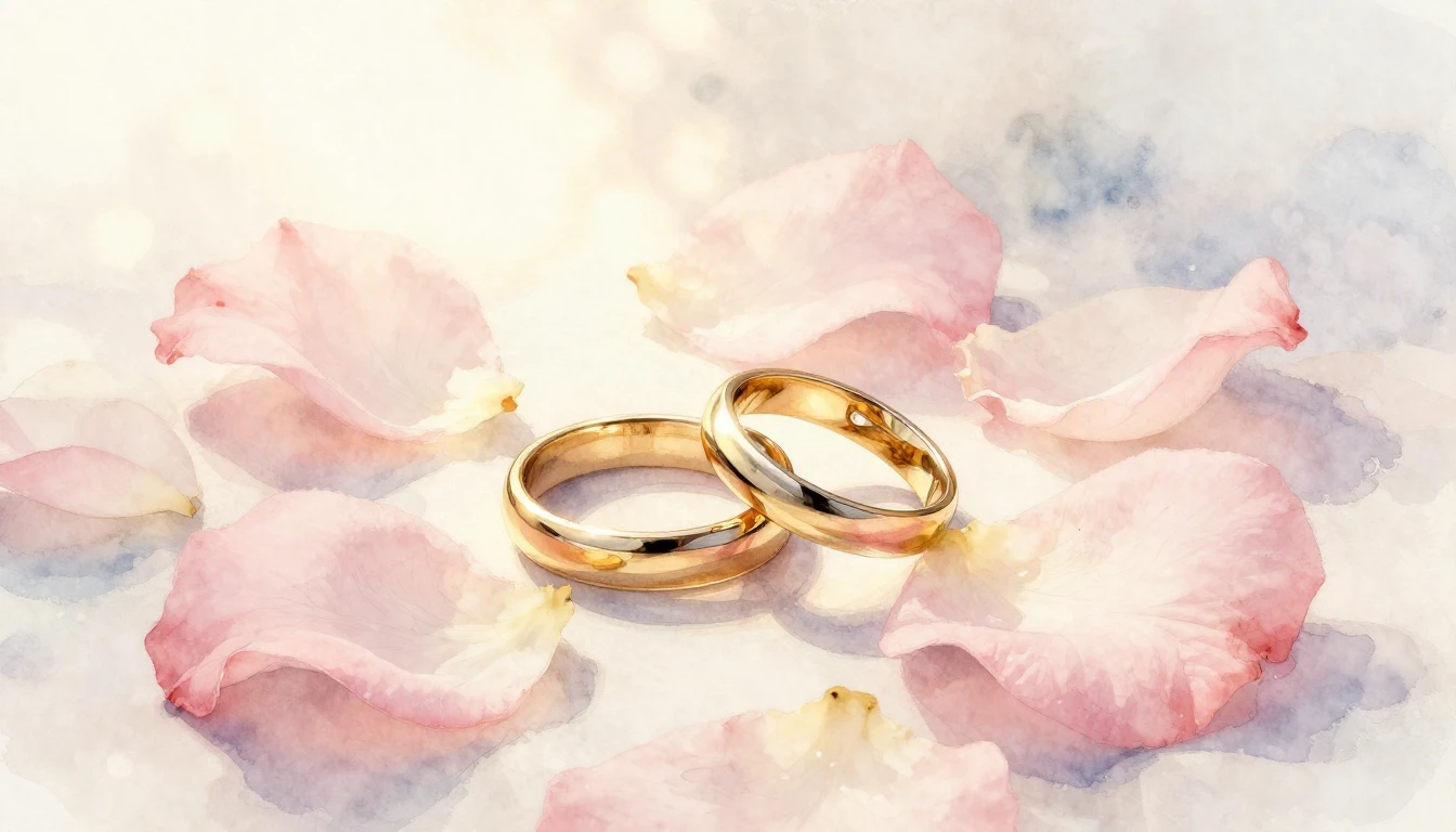 A soft and romantic watercolor painting depicting two golden...