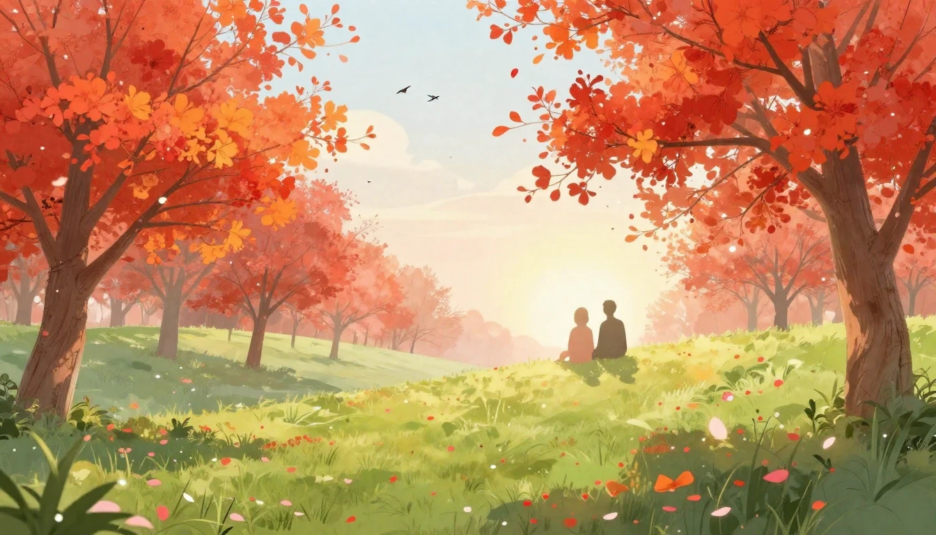 A vibrant spring landscape blooming with bright red and oran...