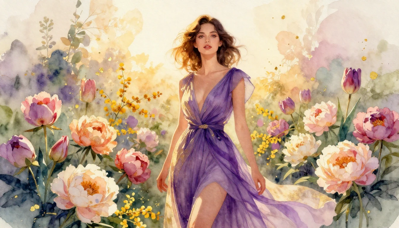 A breathtaking watercolor illustration of a confident, elega...