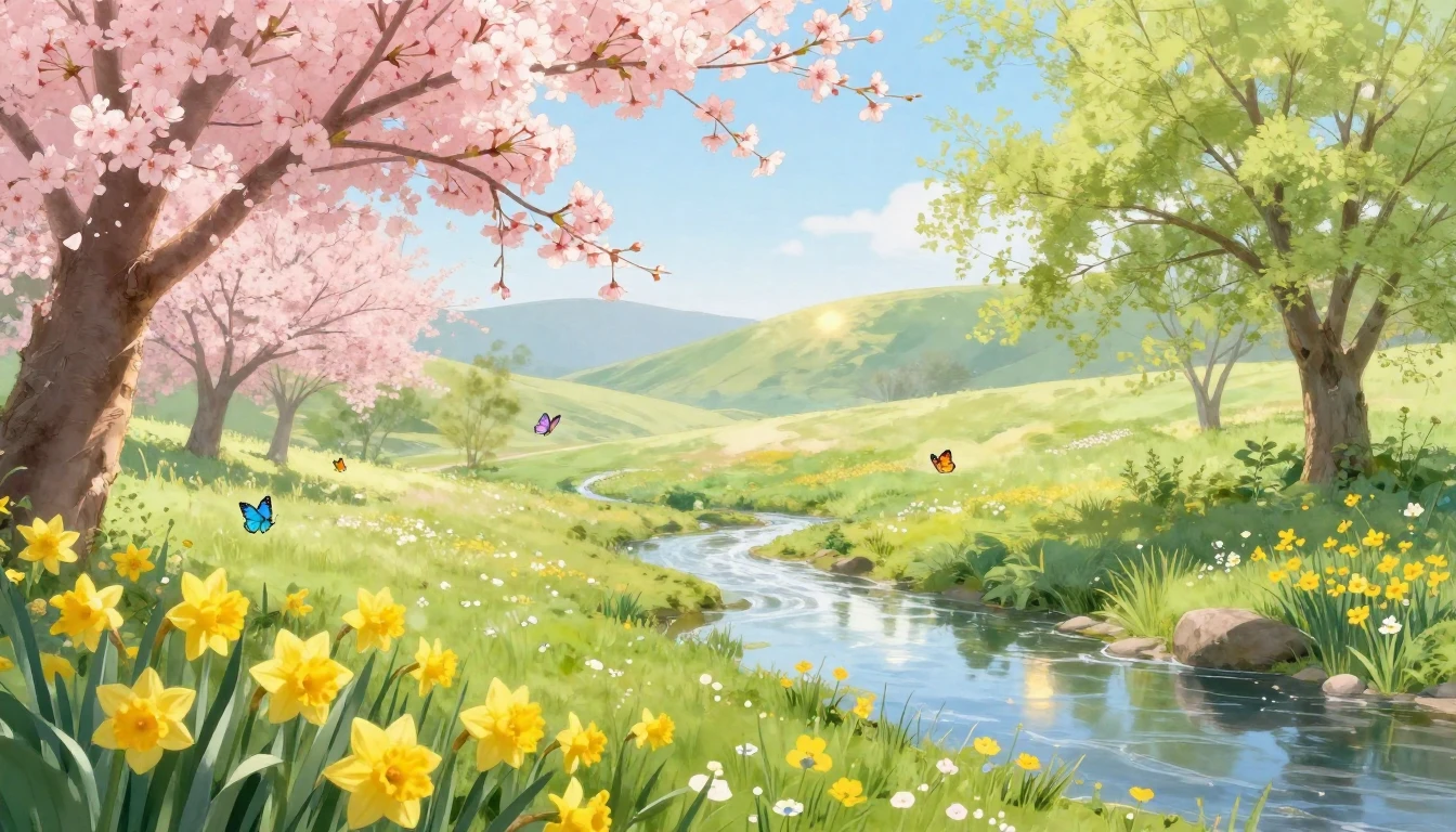 A dreamy and ethereal spring landscape in soft pastel tones....