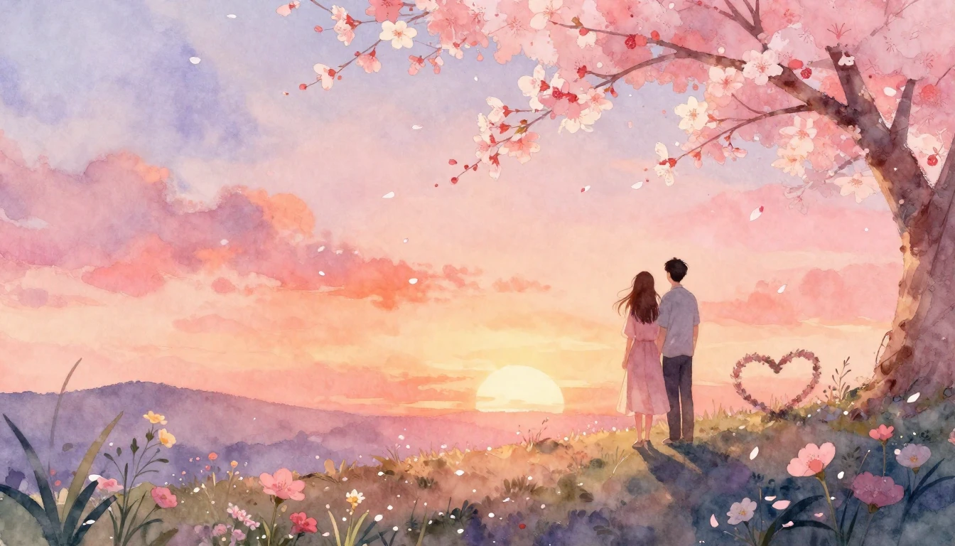 A dreamy and romantic watercolor painting depicting a couple...