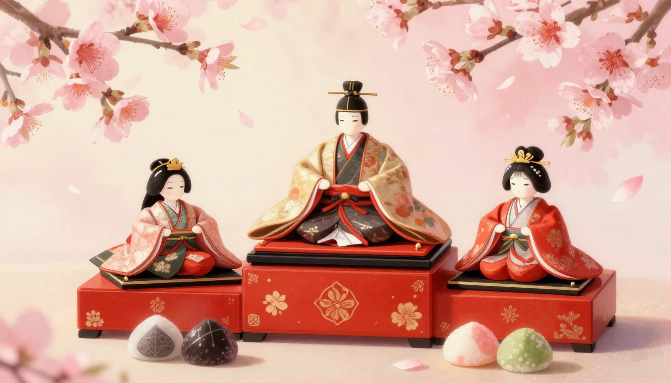 A beautiful and serene Hina Matsuri scene featuring traditio...