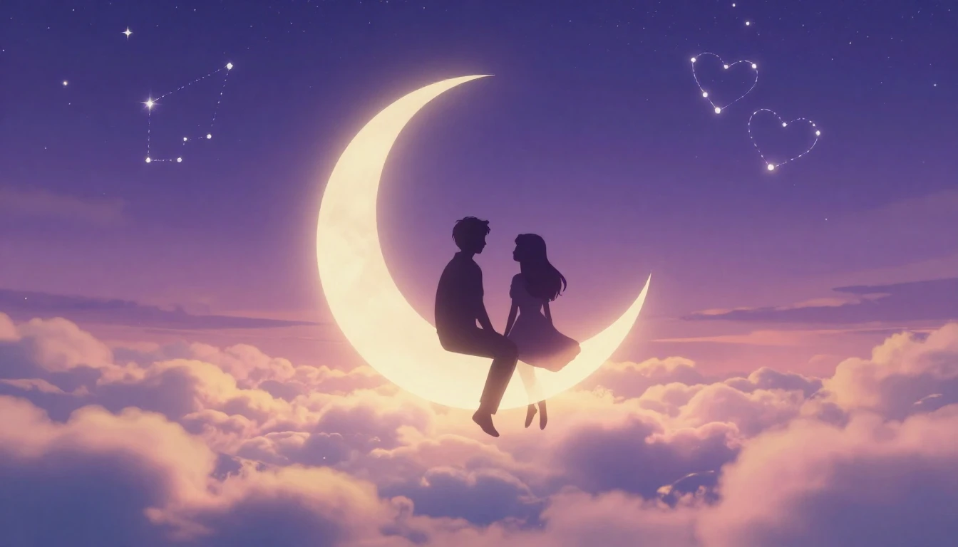 A romantic and dreamy scene depicting two stylized silhouett...
