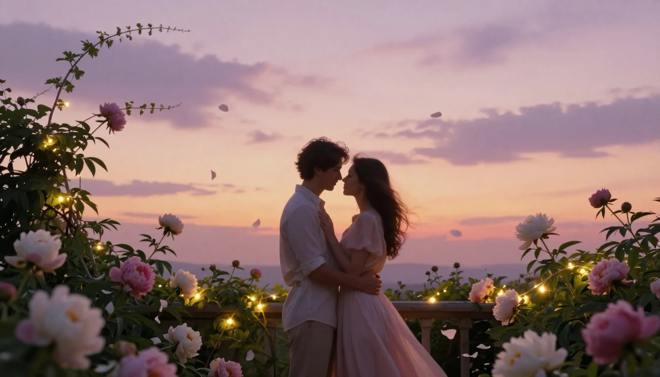 A romantic and dreamlike scene of two lovers standing togeth...