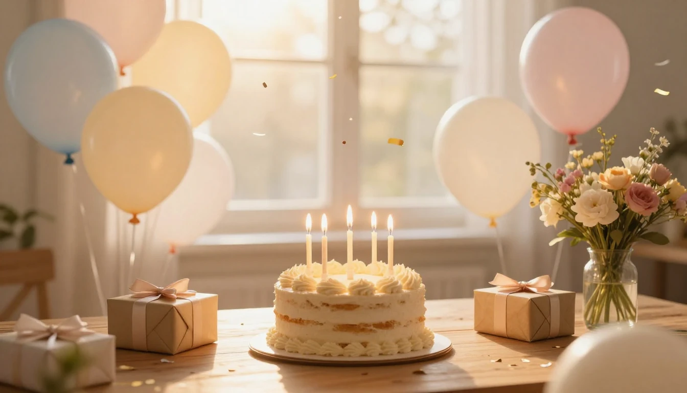 A warm and cozy birthday celebration scene featuring a beaut...