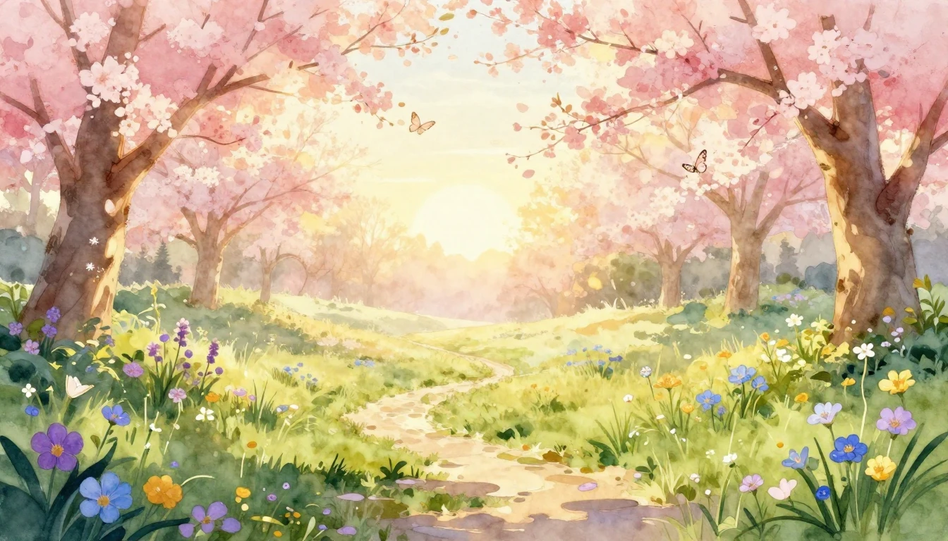 A warm and dreamy watercolor illustration of a serene garden...