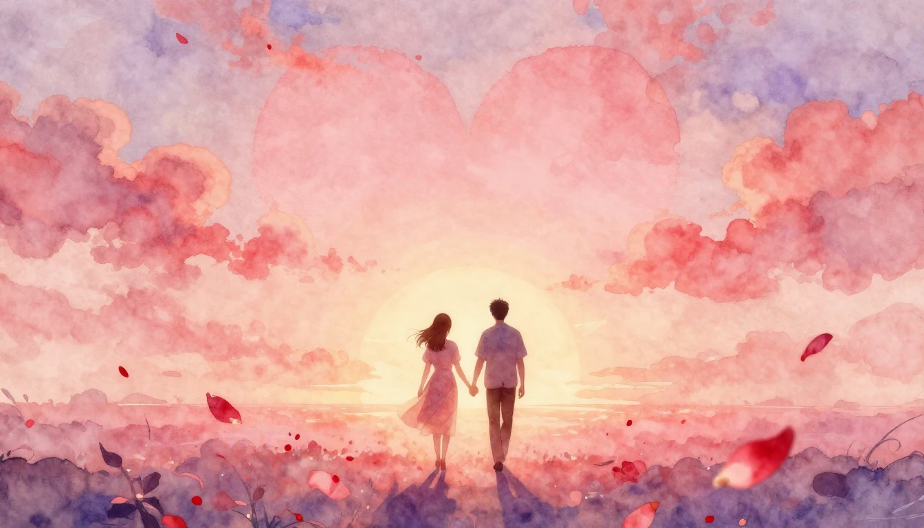 A romantic and soft watercolor painting depicting two silhou...