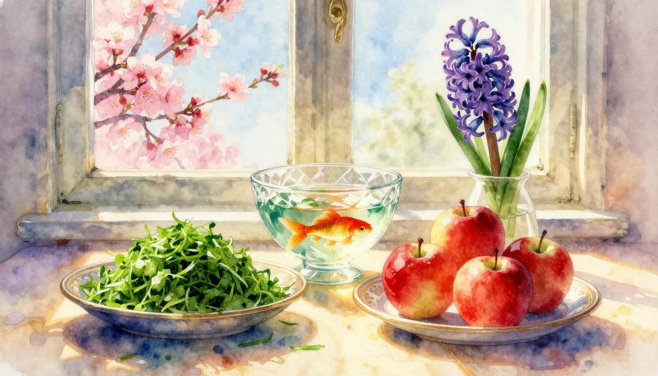 A detailed watercolor painting of a traditional Persian Haft...