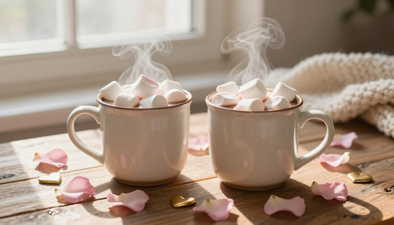 A cozy and heartwarming scene featuring two steaming ceramic...