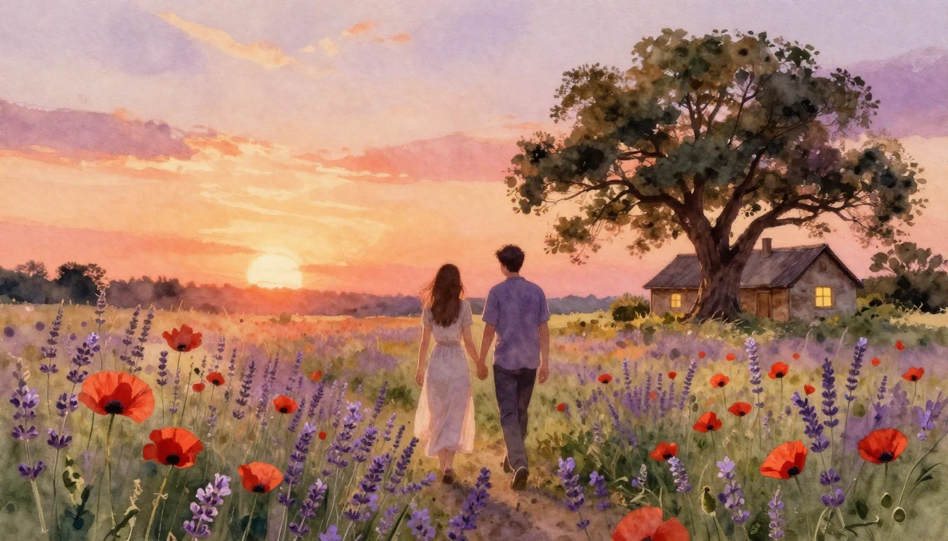 A dreamy watercolor painting of two people walking hand-in-h...
