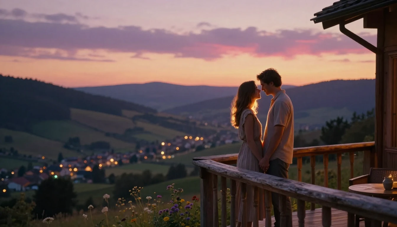 A cinematic wide shot of a romantic couple standing on a rus...