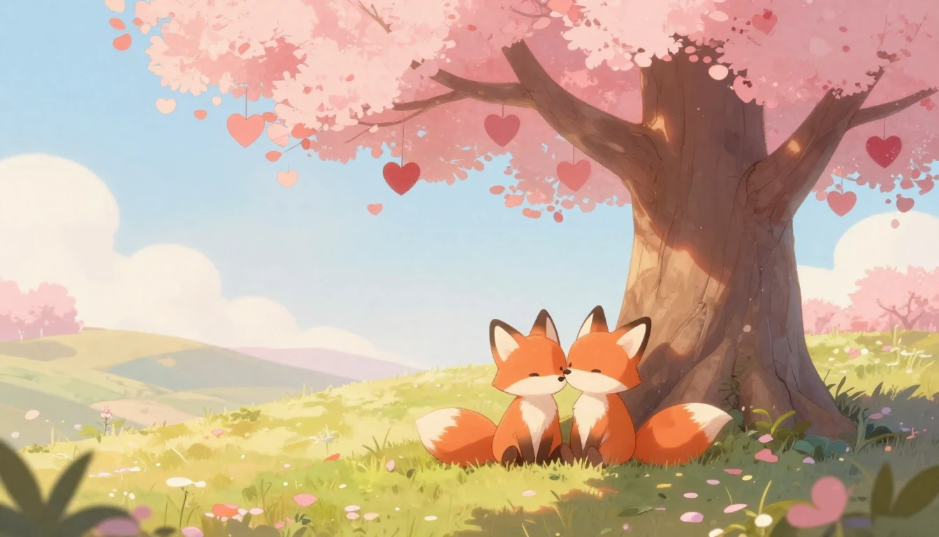 A whimsical and romantic scene featuring two cute, stylized ...