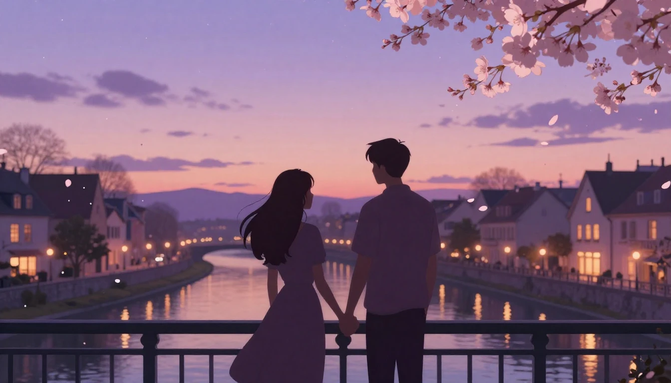 A romantic and dreamy scene featuring two stylized silhouett...