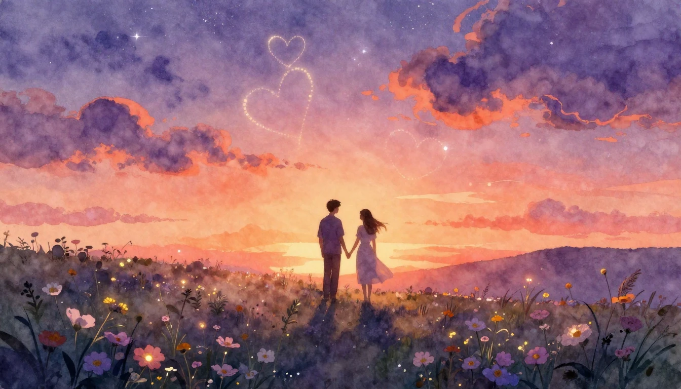 A dreamy watercolor painting depicting a romantic scene. Two...