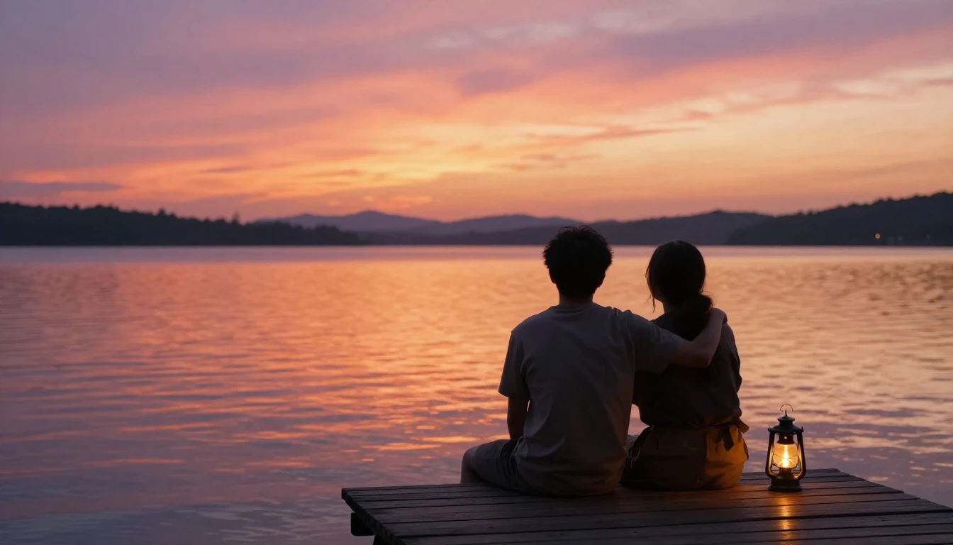 A cinematic wide shot of two best friends sitting side-by-si...