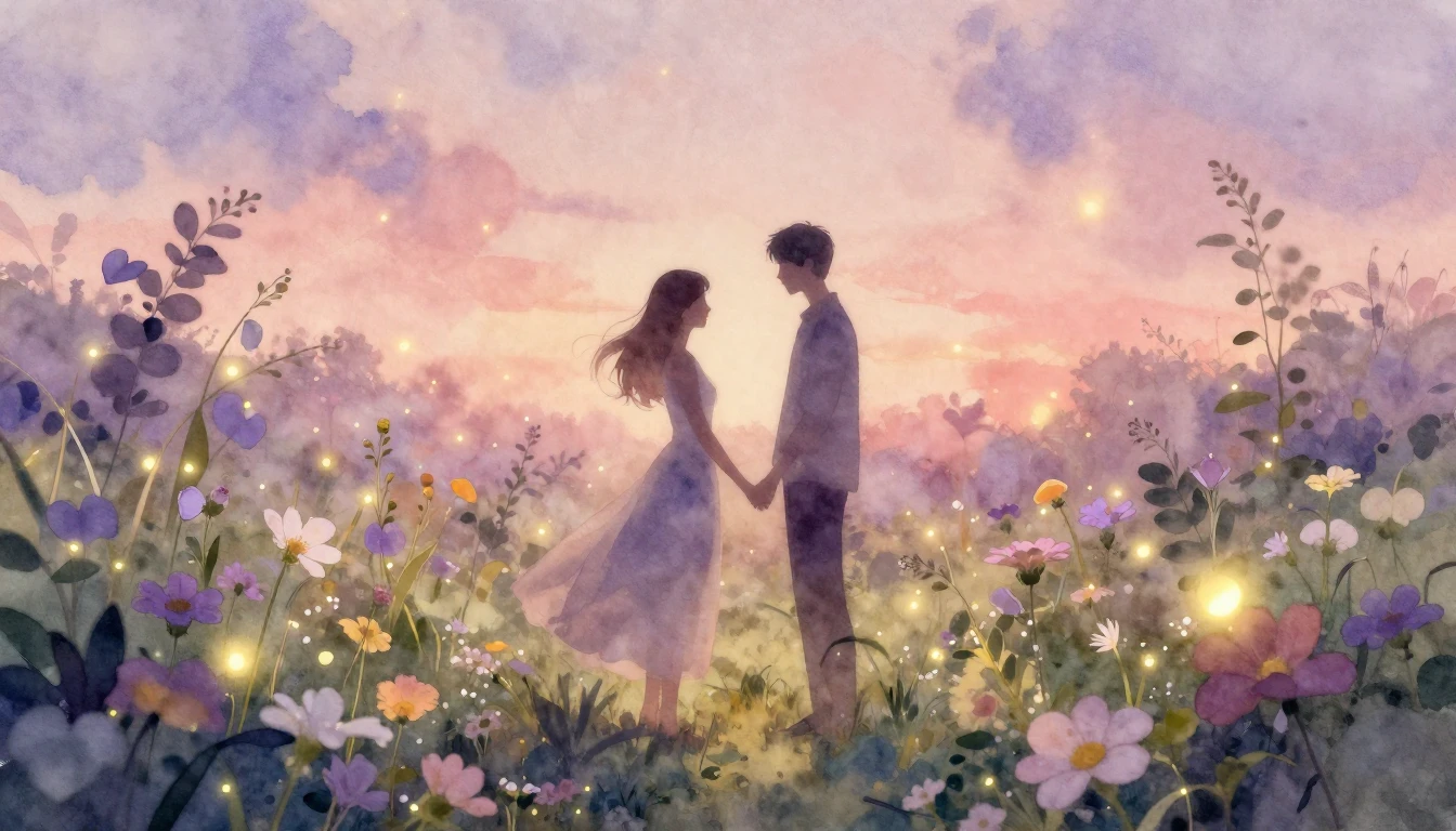 An enchanting and romantic scene in a soft watercolor style....