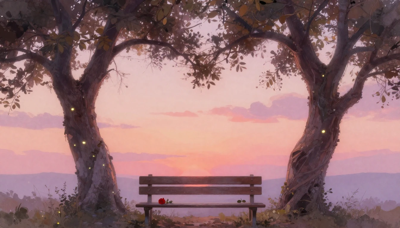 A soft and dreamy romantic scene featuring two intertwined t...