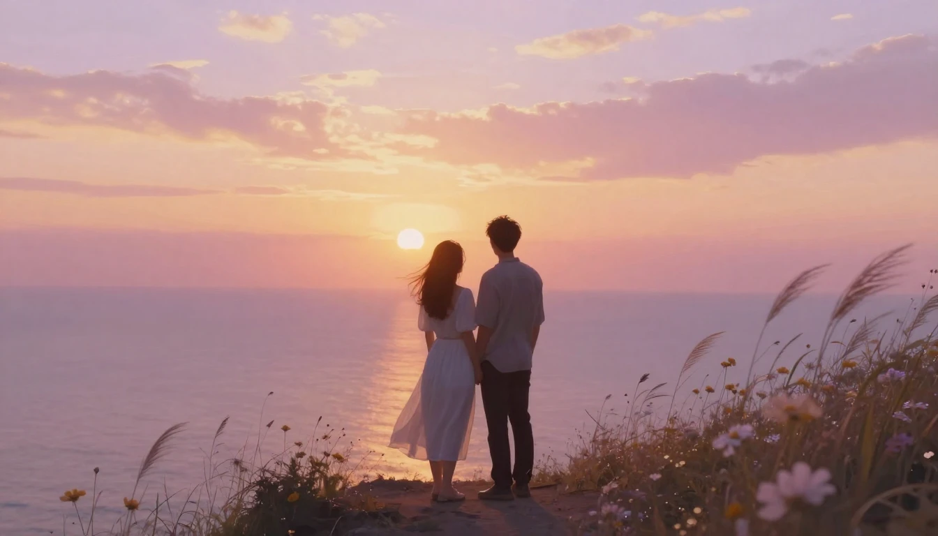 A dreamy and romantic scene of a couple's silhouettes standi...