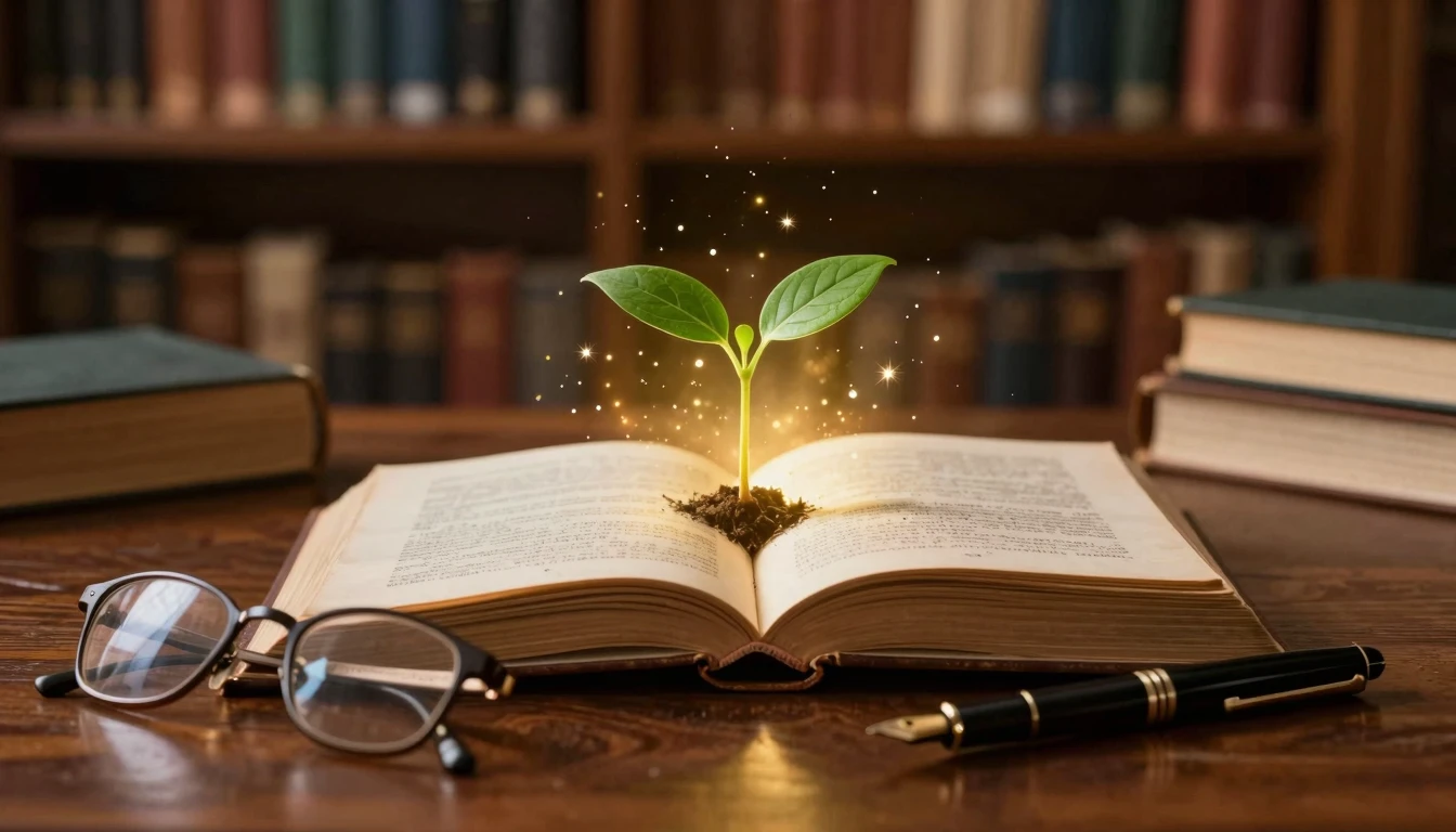 A cinematic and warm scene featuring an open vintage book on...