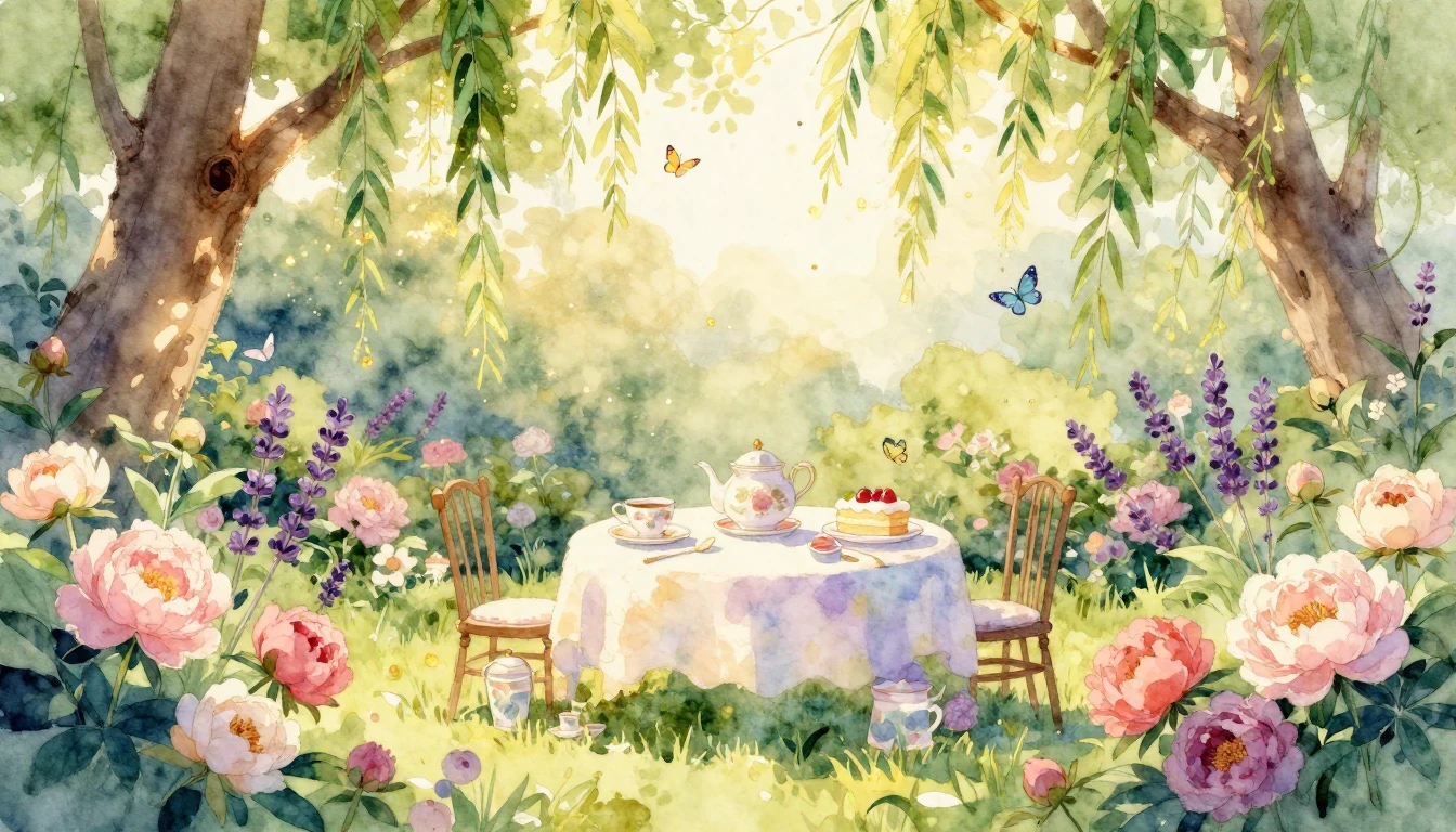 A whimsical and warm watercolor illustration of a cozy outdo...