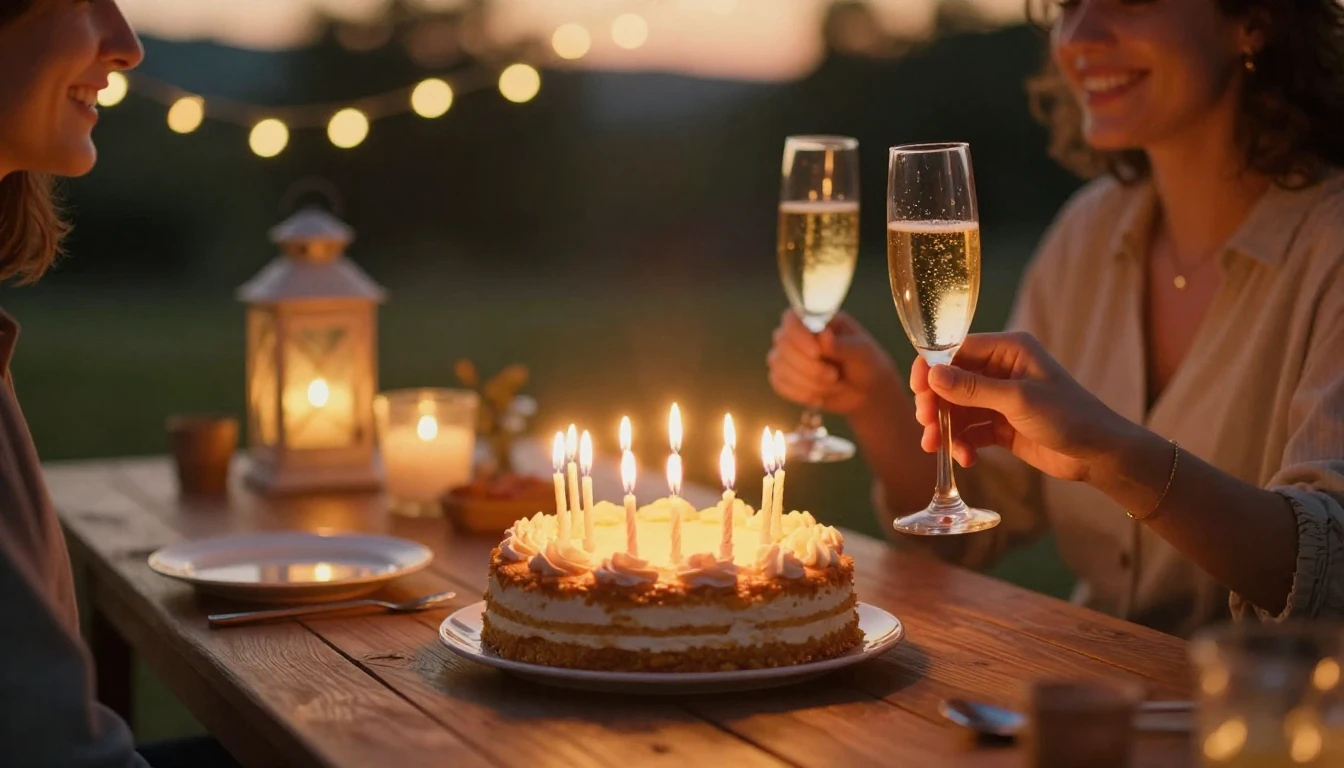 A warm and cinematic scene celebrating a 30th birthday. A be...