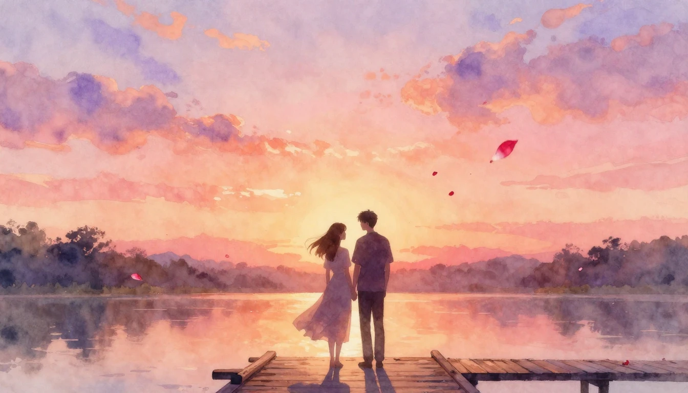 A romantic and ethereal watercolor painting of two silhouett...