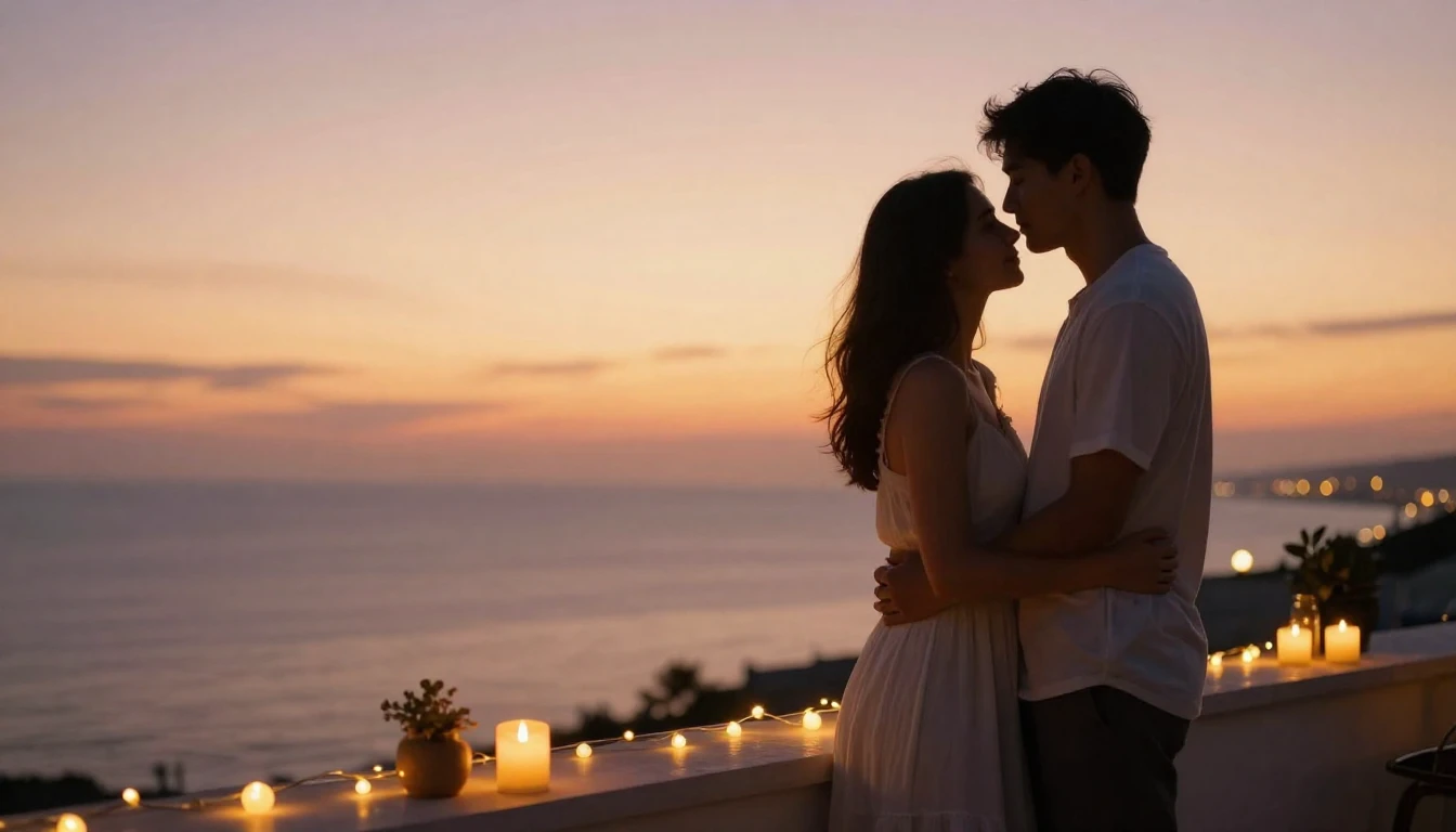 A romantic and intimate scene of a couple standing on a terr...
