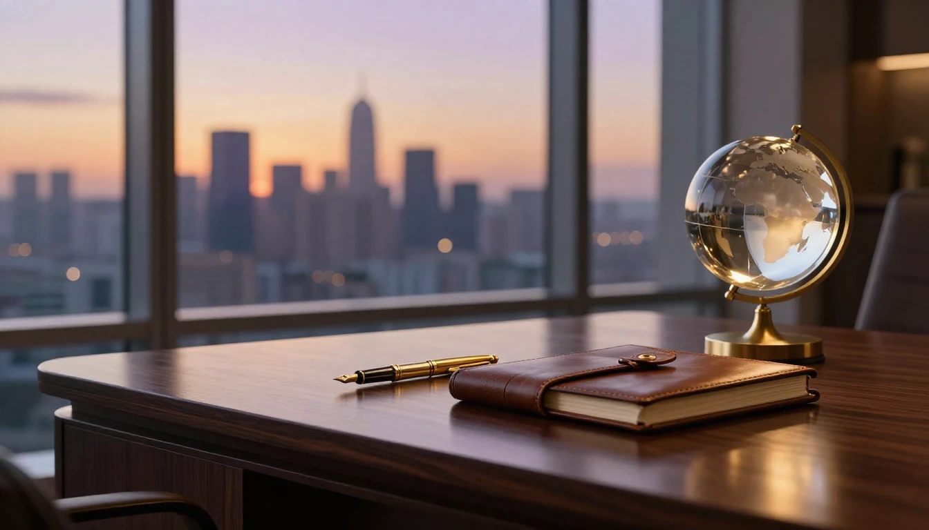 A sophisticated and elegant office desk made of dark polishe...