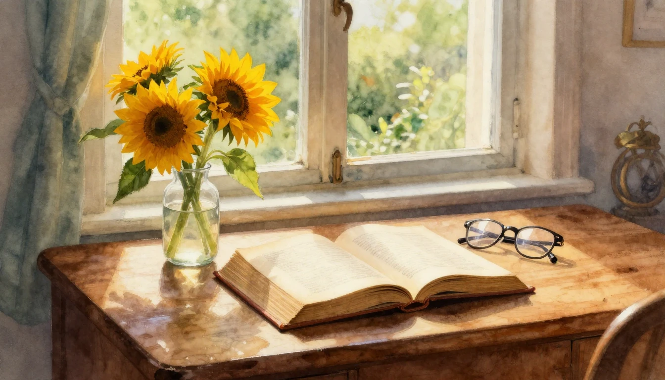 A beautiful watercolor painting of a cozy, sunlit study room...