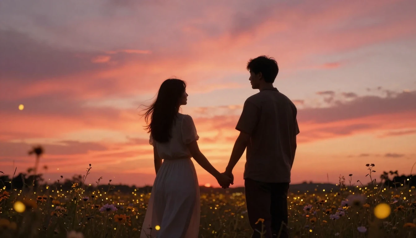 A romantic and cozy scene at sunset during the golden hour. ...