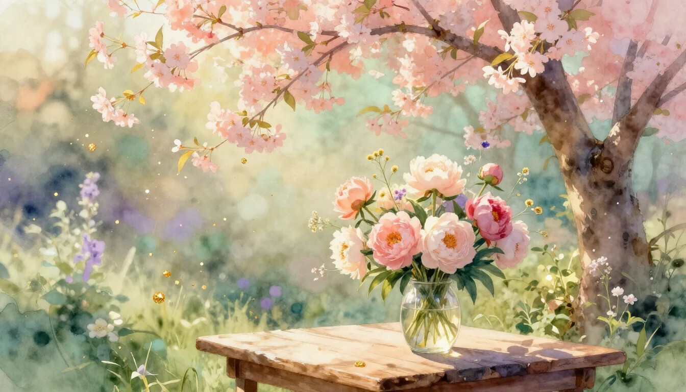 A breathtaking watercolor painting of a serene and sunlit ga...