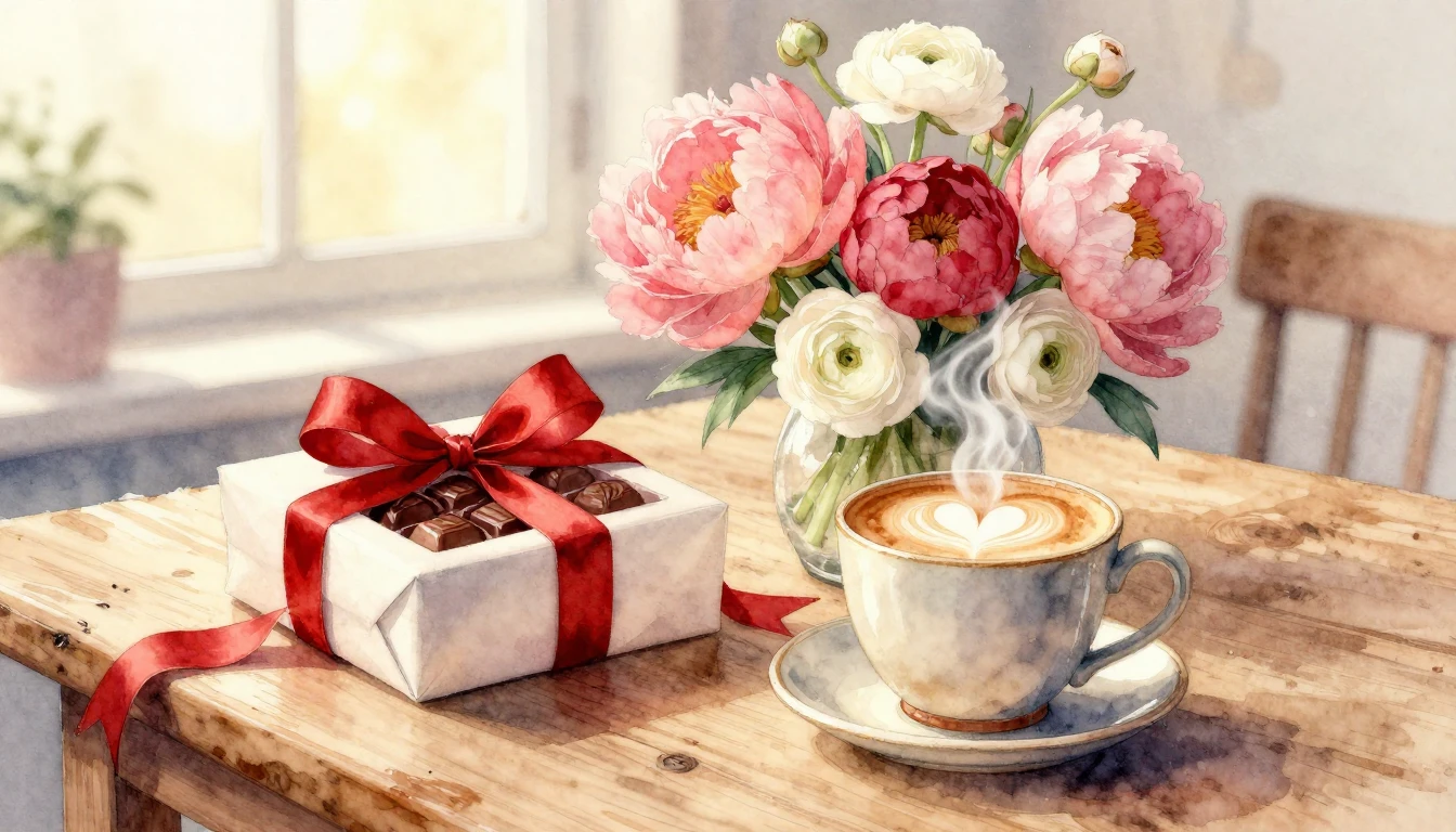 A soft and romantic watercolor painting depicting a cozy, in...