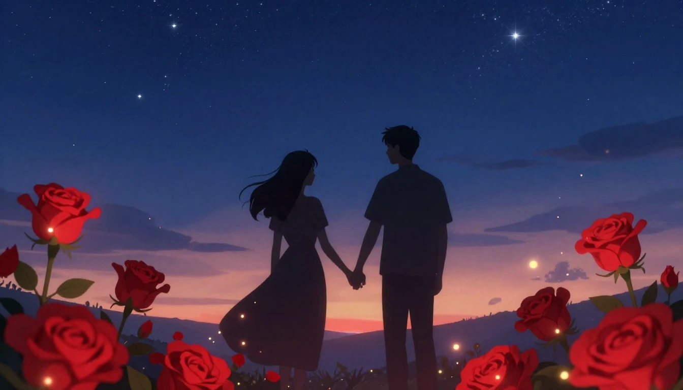 A romantic and dreamy illustration featuring a silhouette of...