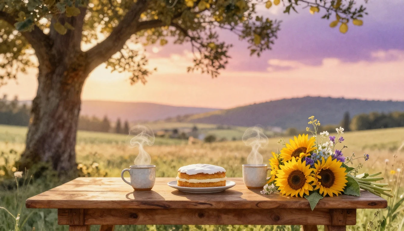 A serene and inviting celebration scene at golden hour. A ru...