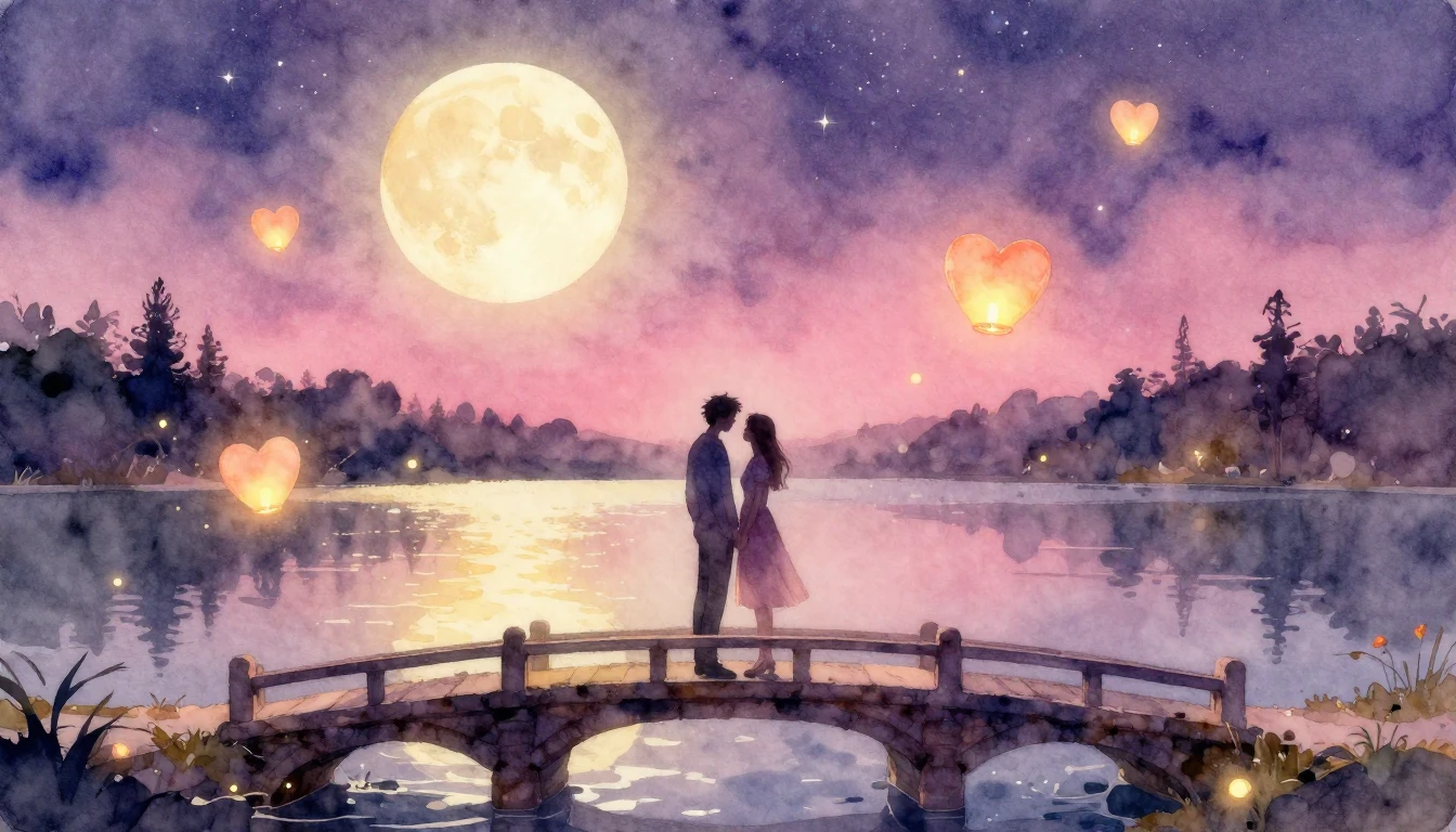 A soft and dreamy watercolor painting depicting a romantic s...