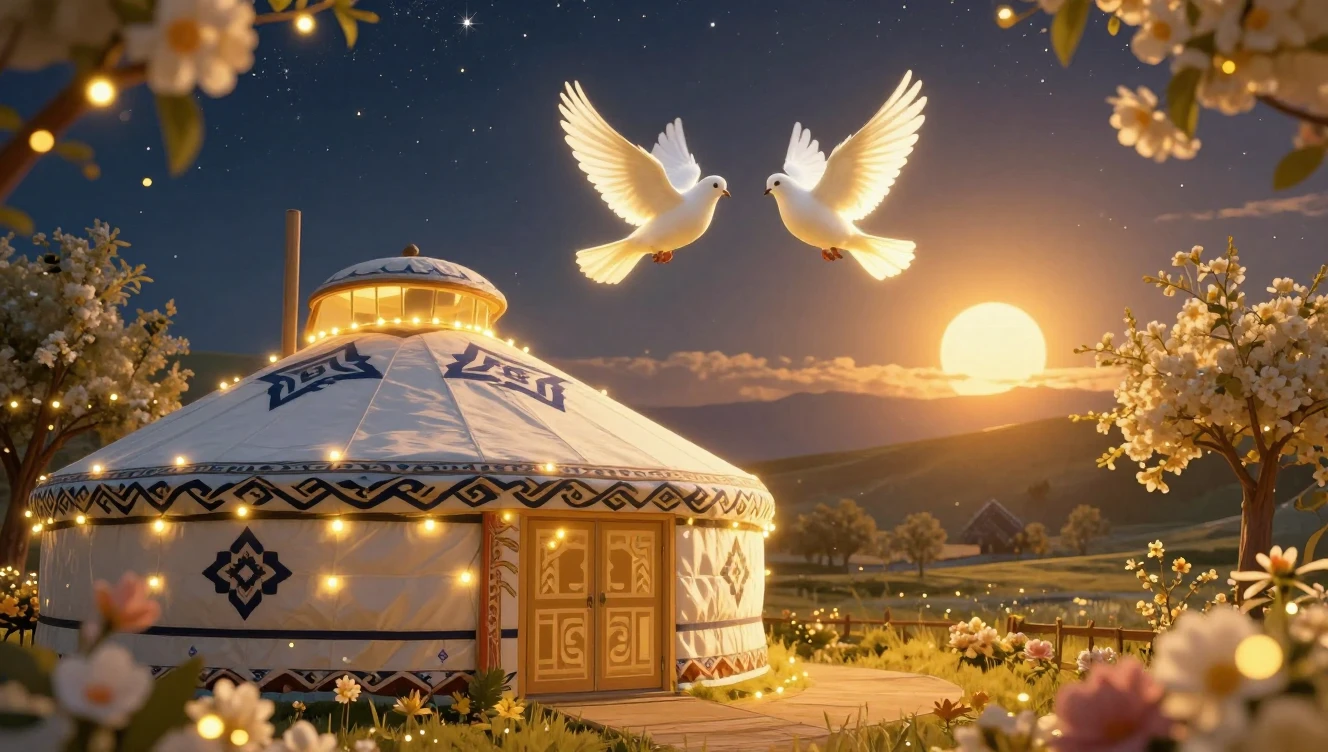 A warm and festive traditional atmosphere filled with golden...