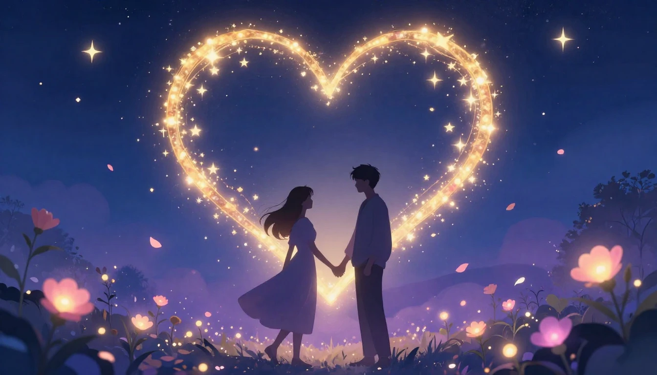 A romantic and dreamy illustration depicting a silhouette of...