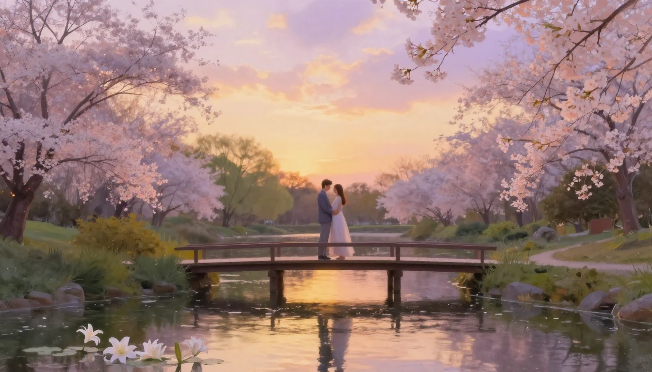 A dreamy and romantic scene featuring a couple standing on a...