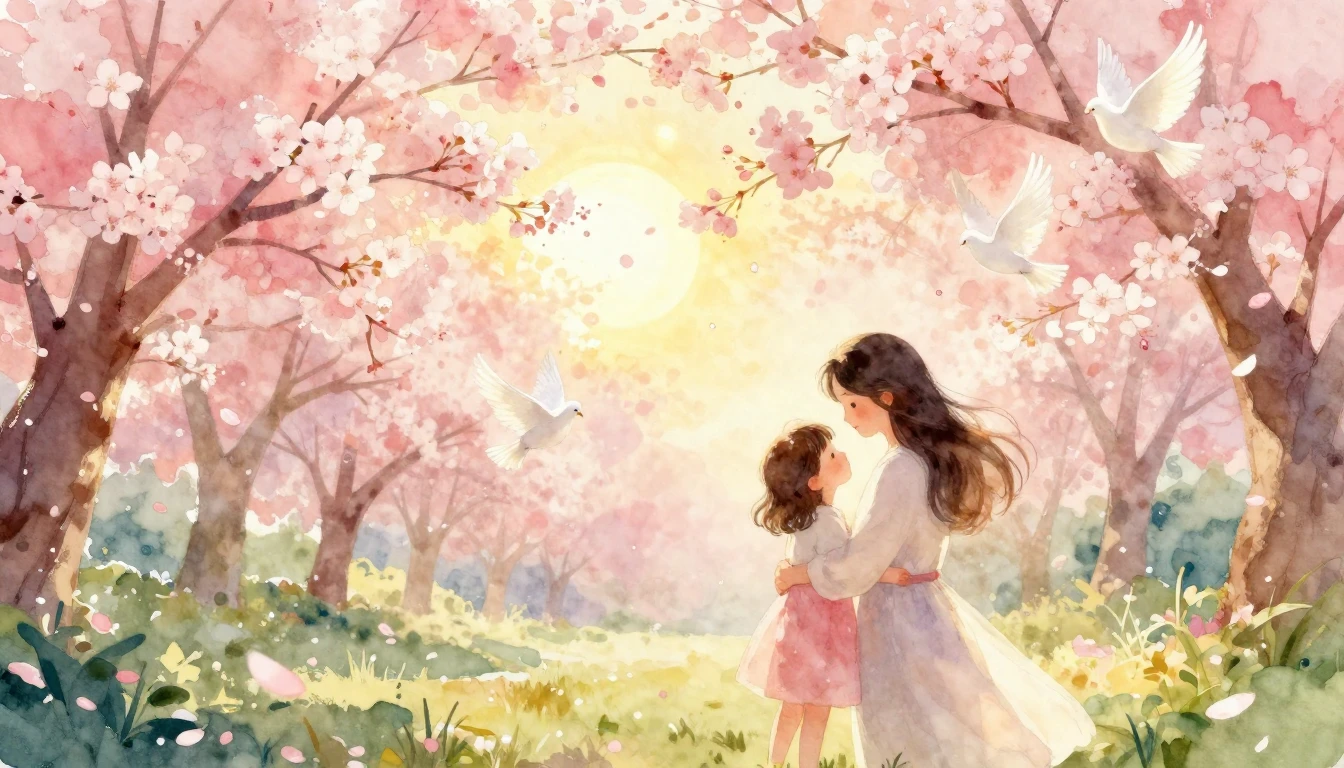 A beautiful, warm watercolor painting of a blooming spring g...