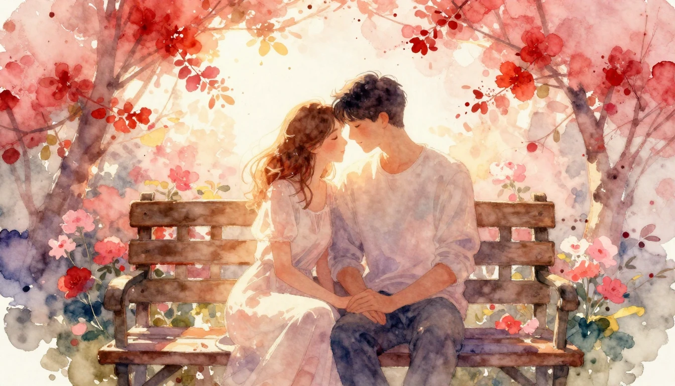 A romantic and soft watercolor painting depicting an intimat...