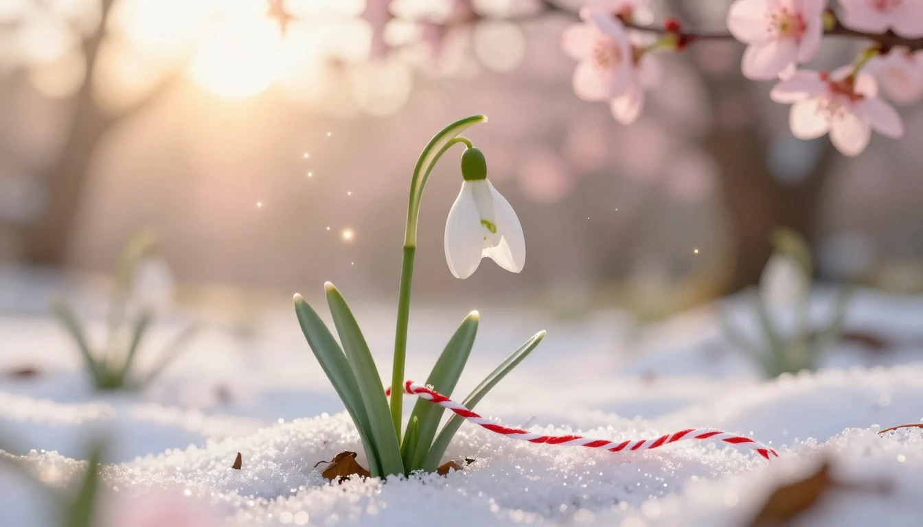 A delicate red and white intertwined silk thread resting gra...