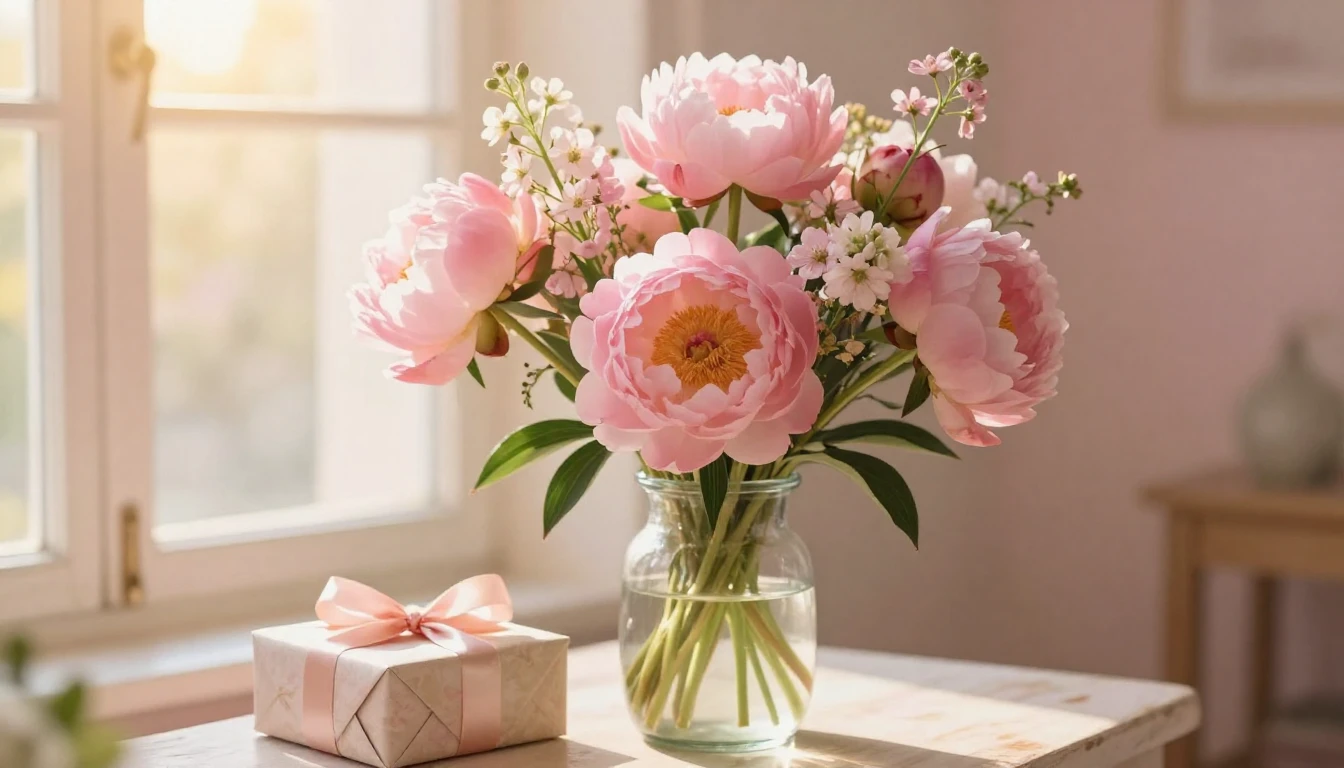 A soft and dreamy composition featuring a lush bouquet of pi...