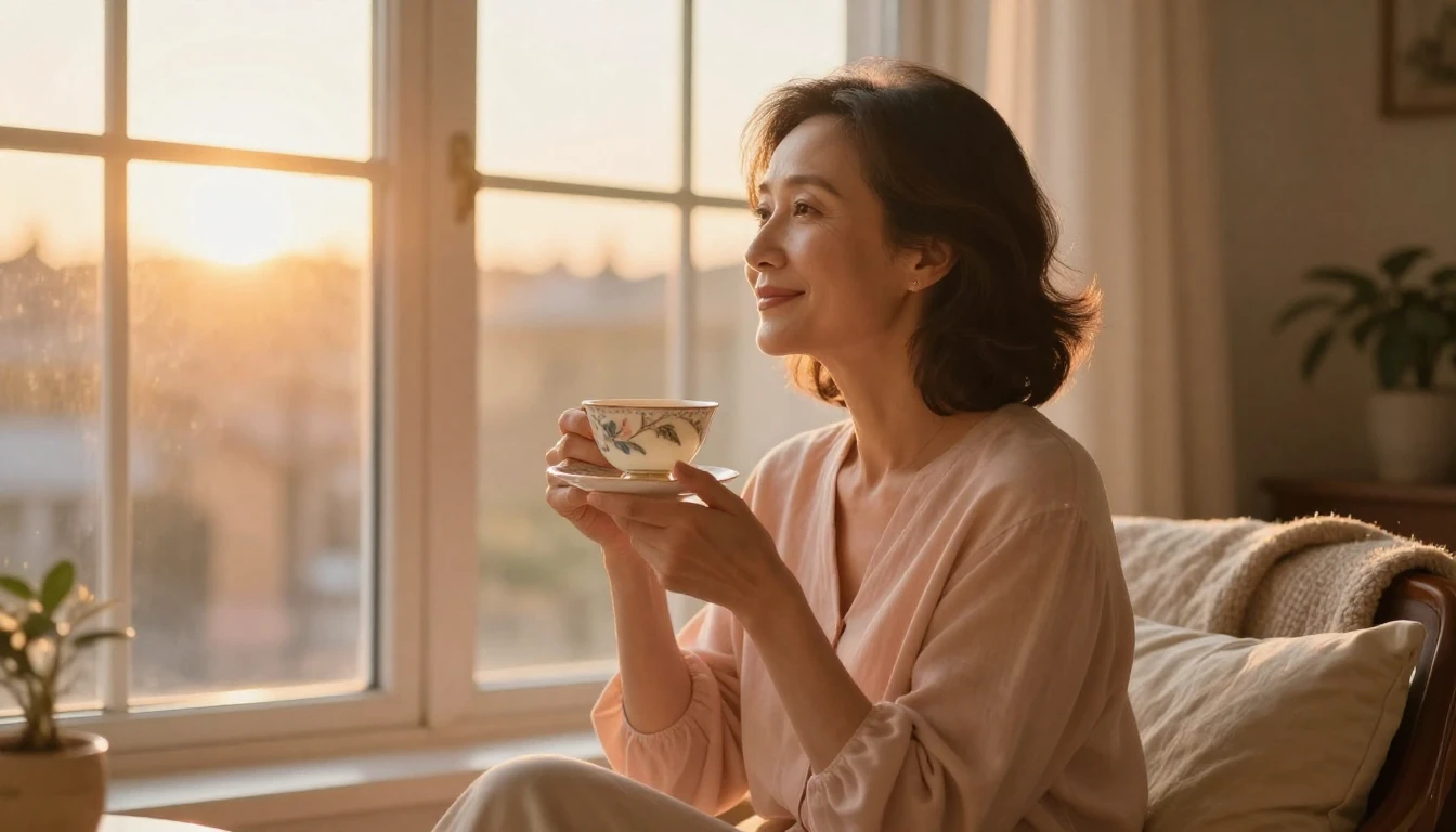 A beautiful woman in her early 30s sitting gracefully by a l...