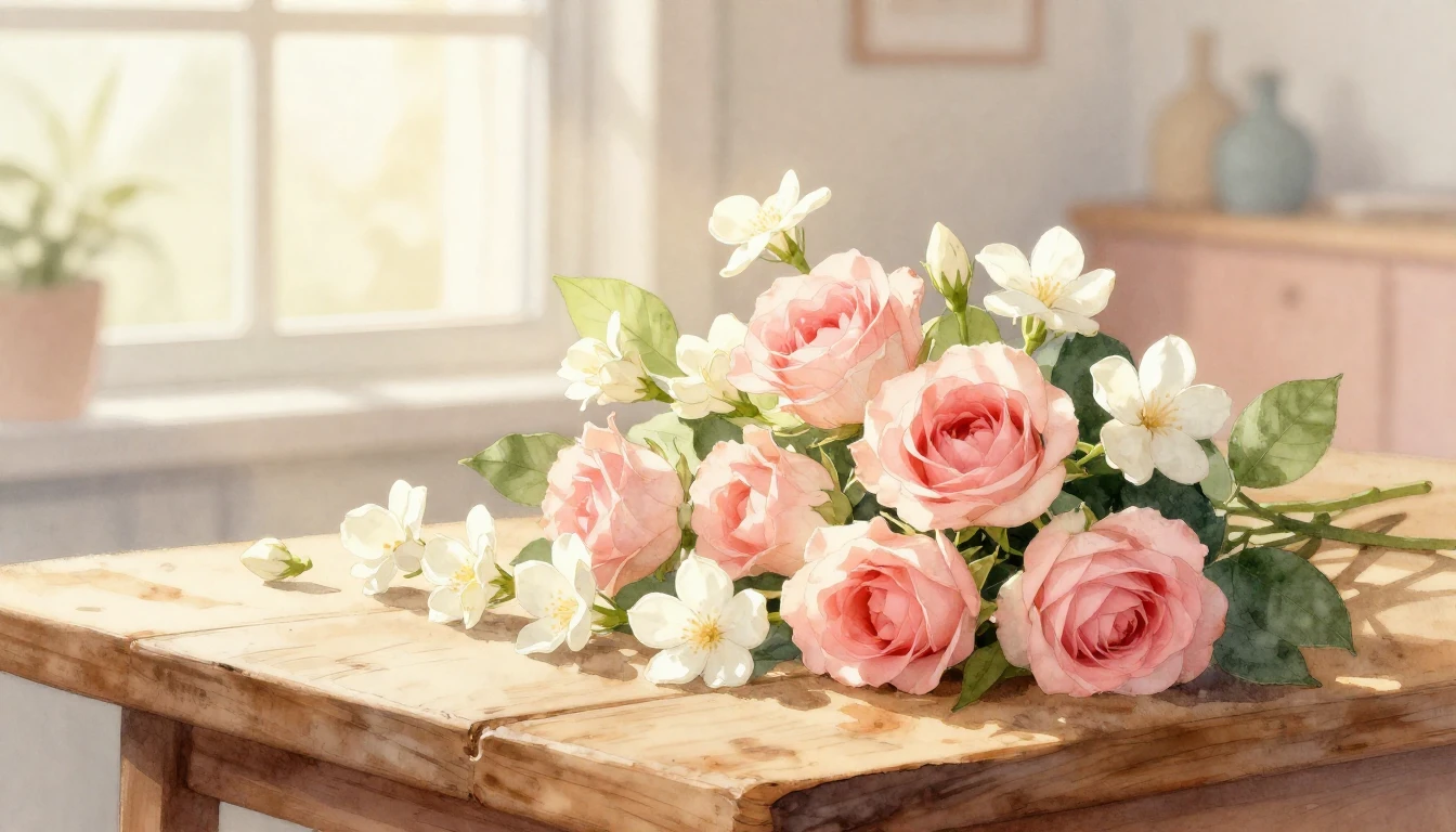 A soft and dreamy watercolor illustration depicting a lush b...