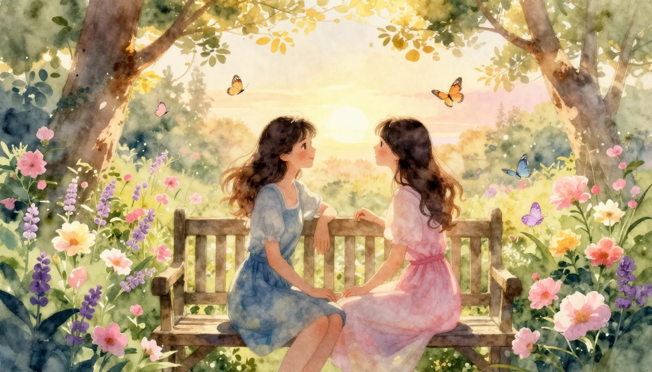 A dreamy and heartwarming watercolor painting of two female ...