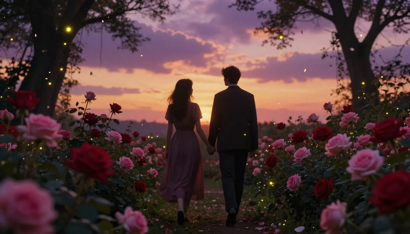 A romantic and ethereal scene featuring two silhouetted figu...