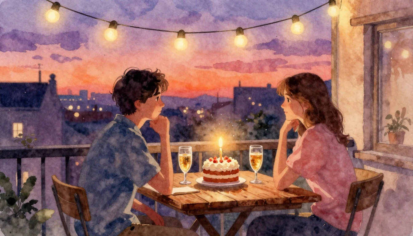 An artistic watercolor painting of a warm celebratory scene....