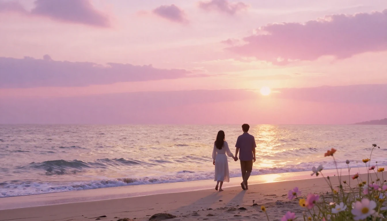 A romantic and ethereal scene of two silhouettes walking han...