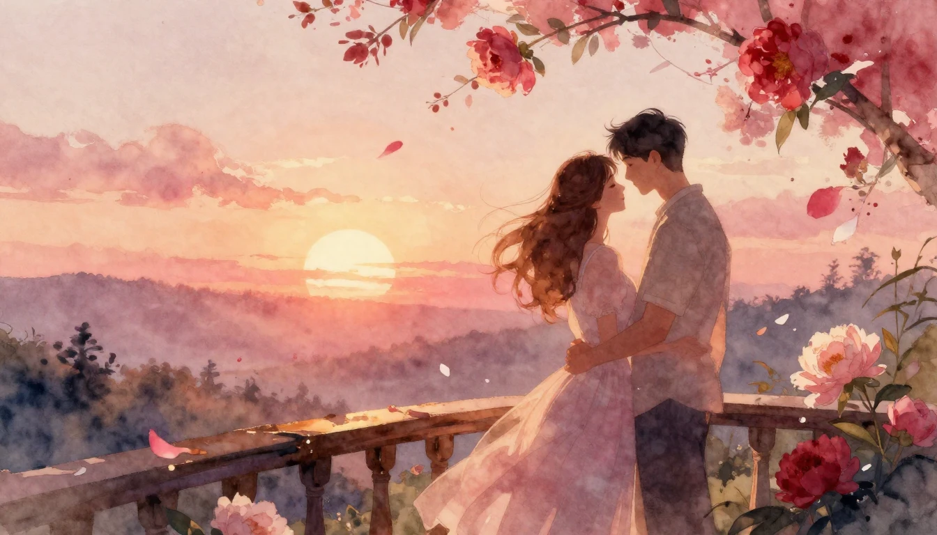 A romantic and ethereal watercolor illustration of a couple ...